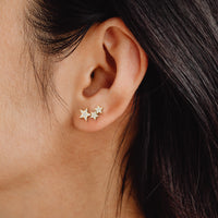 Diamond Star Earring, Diamond Star Ear Climber, 14K Solid Gold Star Diamond Stud, Starburst Diamond Studs, White, Rose