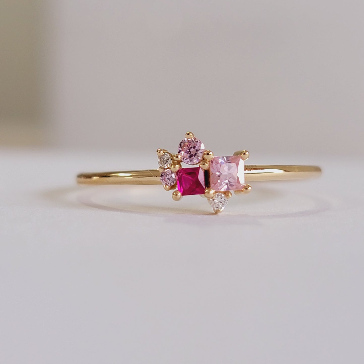 Ruby Diamond Ring in 14k Solid Gold, Cluster Diamond Ring, Personalized Ring, Birthstone Rings, Pink Sapphire and diamond Ring