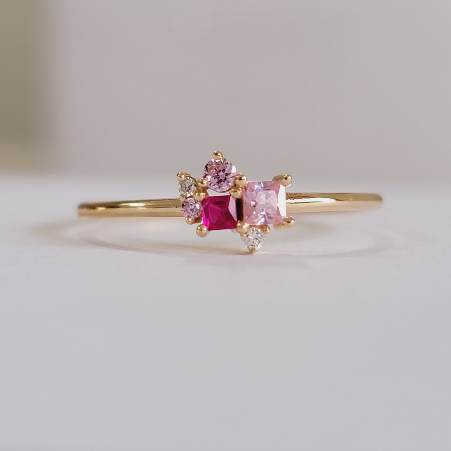 Ruby Diamond Ring in 14k Solid Gold, Cluster Diamond Ring, Personalized Ring, Birthstone Rings, Pink Sapphire and diamond Ring