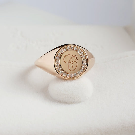 Personalized Diamond Signet Ring in 14k Solid Gold