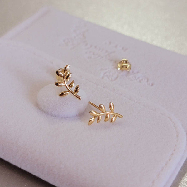 14k Gold Leaf studs, Leaf Branch Earrings, Olive Leaf Women Earrings in 14k Solid Gold