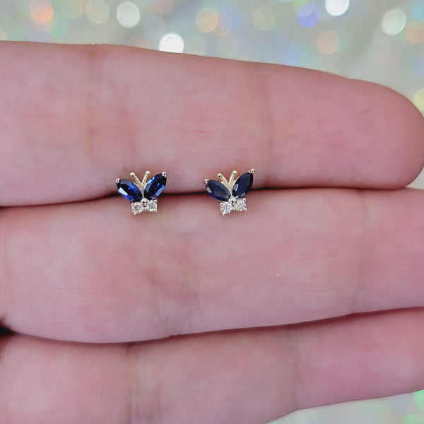 14k Solid Gold Sapphire Earrings, Diamond Minimalist Studs, Diamond Butterfly Studs, Personalized Gift