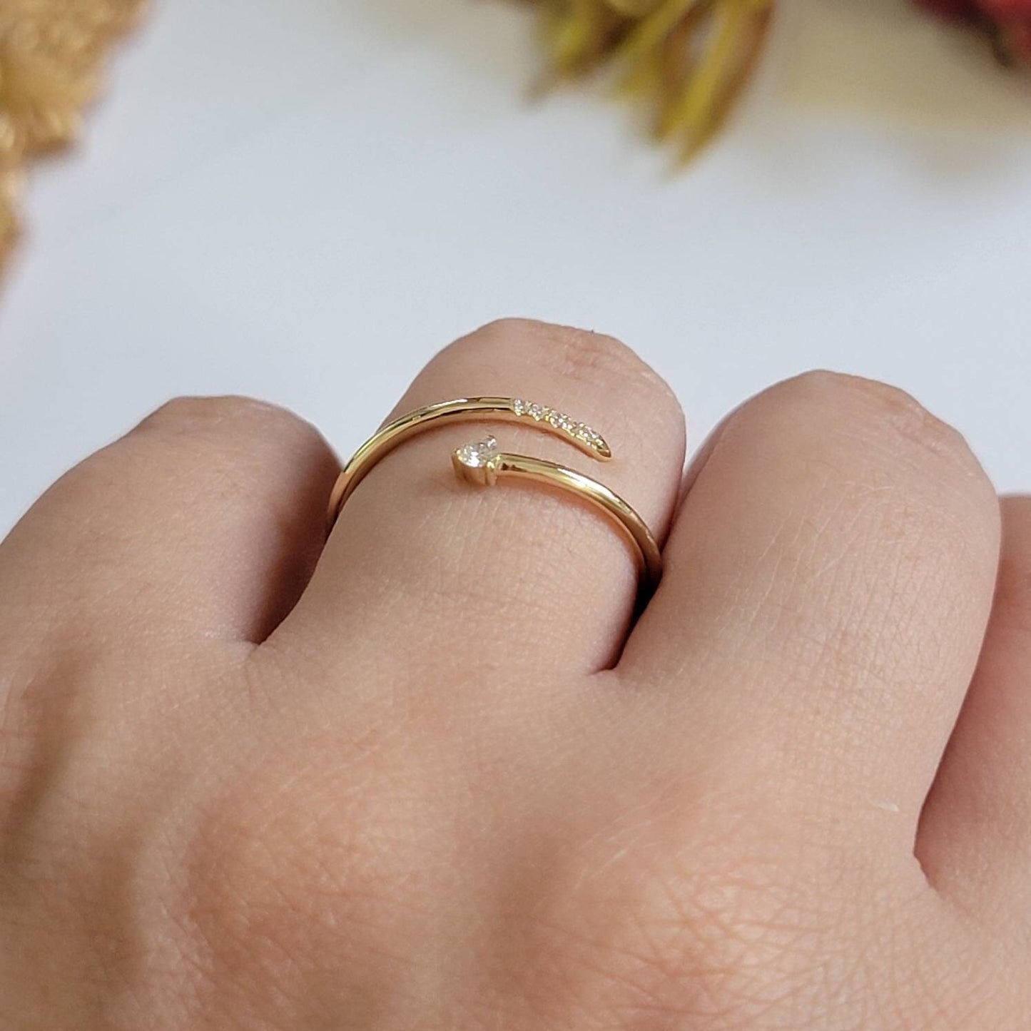 14k Solid Gold Spiral Diamond Ring, Diamond Wrap Ring, Spiral Ring, Dainty Diamond Ring, Minimalist Ring, Handmade Jewelry