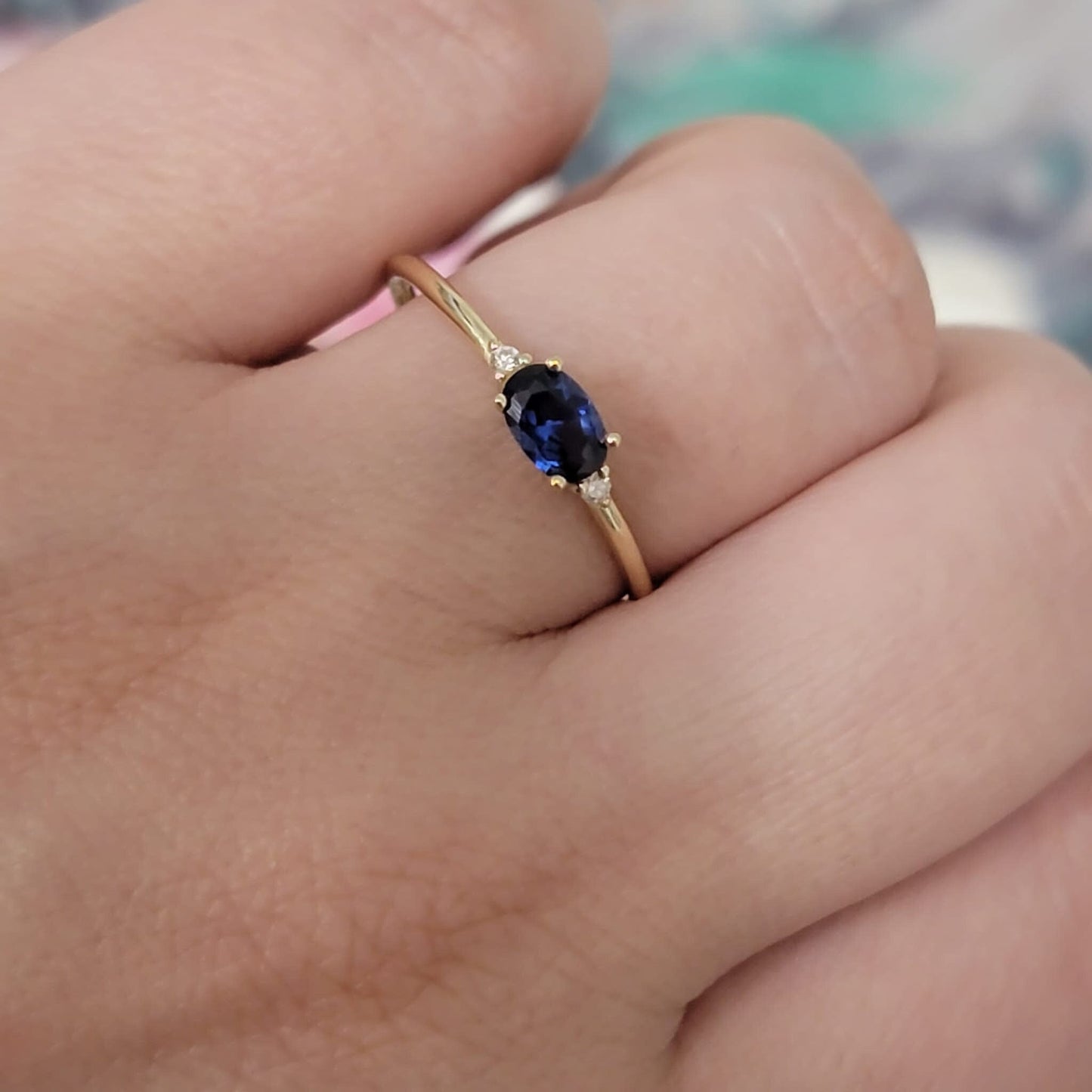 Oval Cut Blue Sapphire And Diamond Engagement Ring, 14K Vintage Solitaire Sapphire Ring, Three Stone Engagement Ring, Anniversary Gift