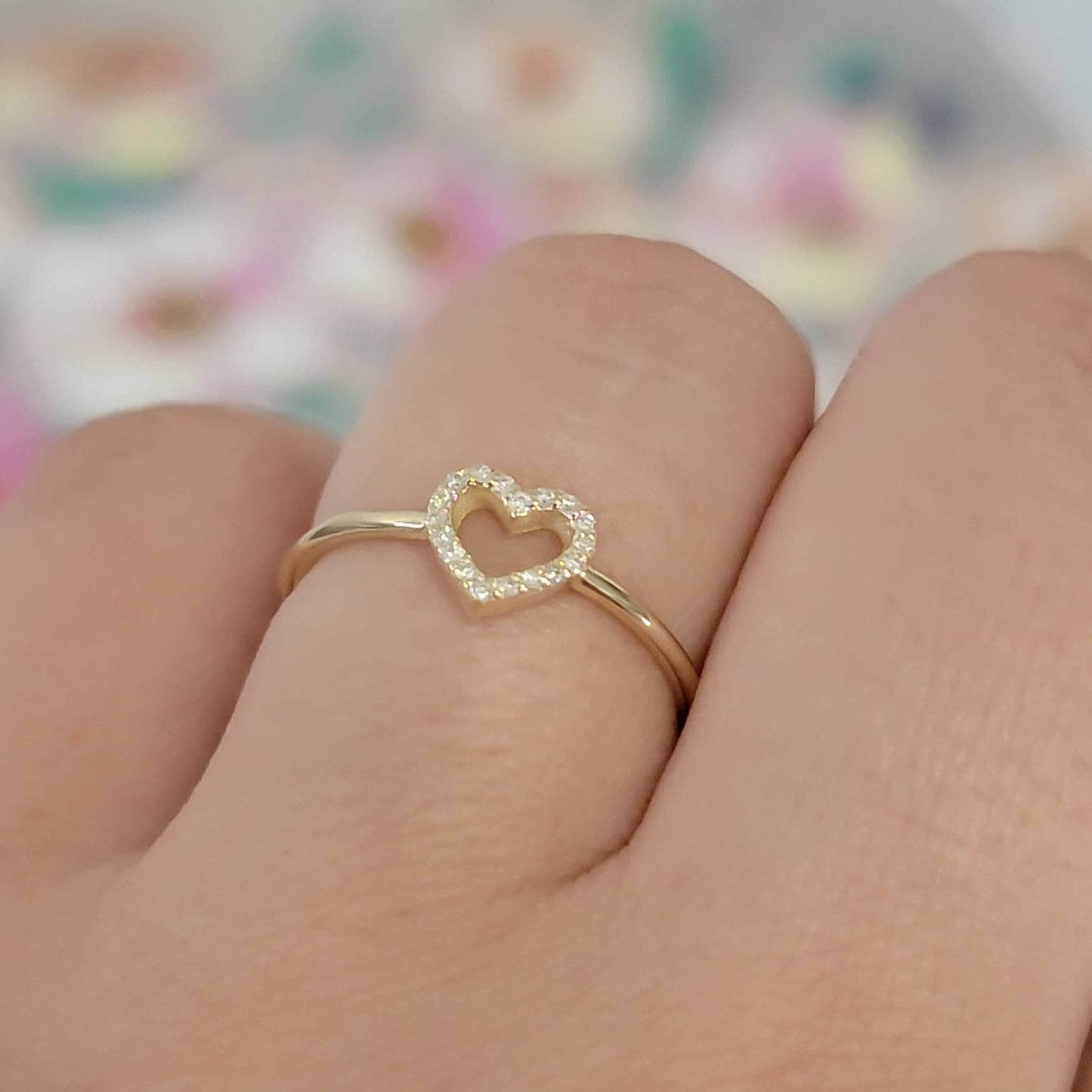 Diamond  Ring, 14K Solid Gold Open Heart Ring, Natural Diamond Band, Promise Ring,  Minimalist Gold Ring, 14k Promise Ring, White, Anika