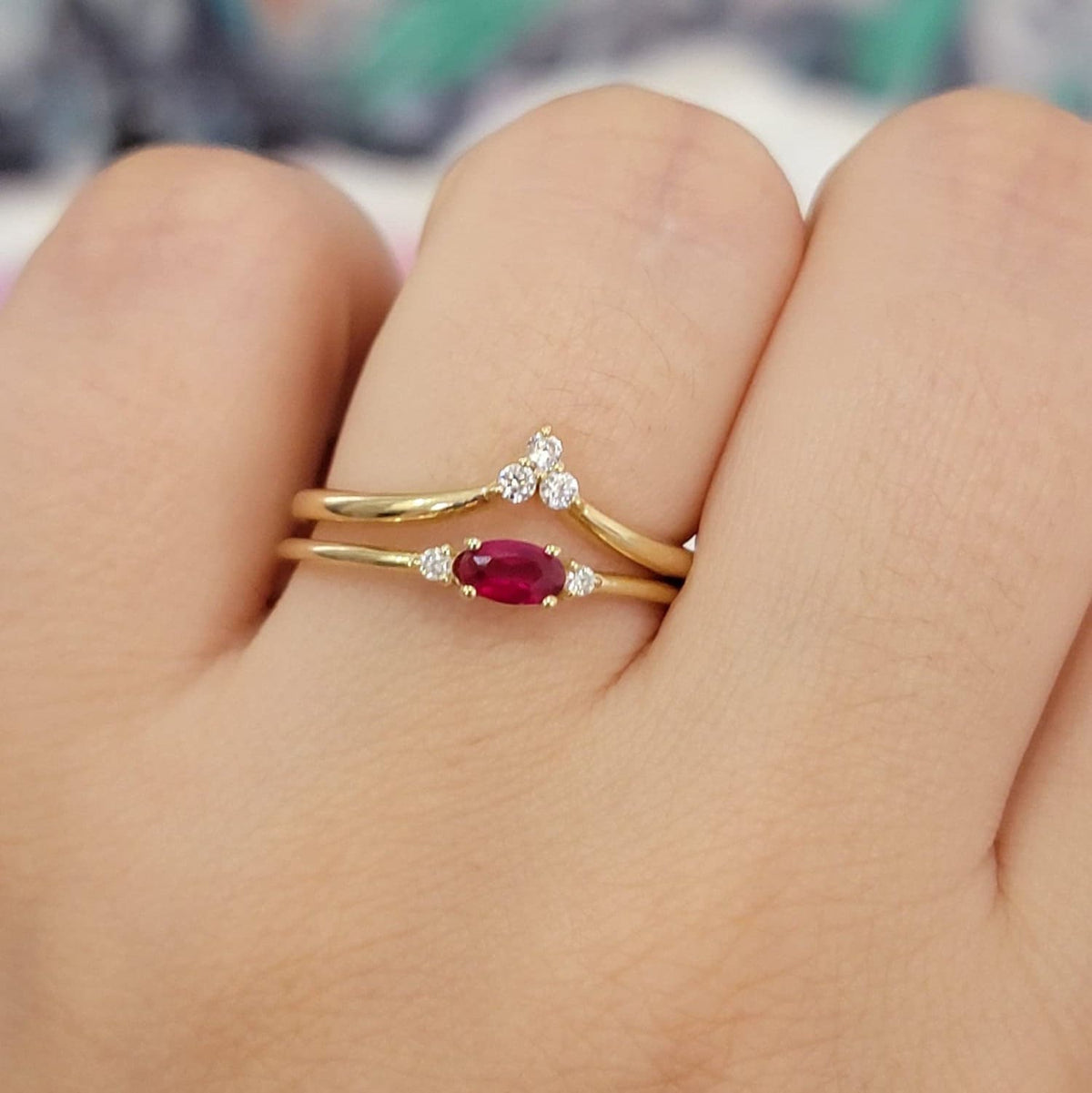 14k Solid Gold Ruby Ring, Three Stone Vintage Band, Mined Diamond Engagement Ring, Oval Gem Art Deco Ring, Solid Gold Diamond ring