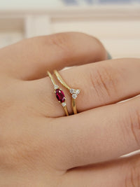 14k Solid Gold Ruby Ring, Three Stone Vintage Band, Mined Diamond Engagement Ring, Oval Gem Art Deco Ring, Solid Gold Diamond ring