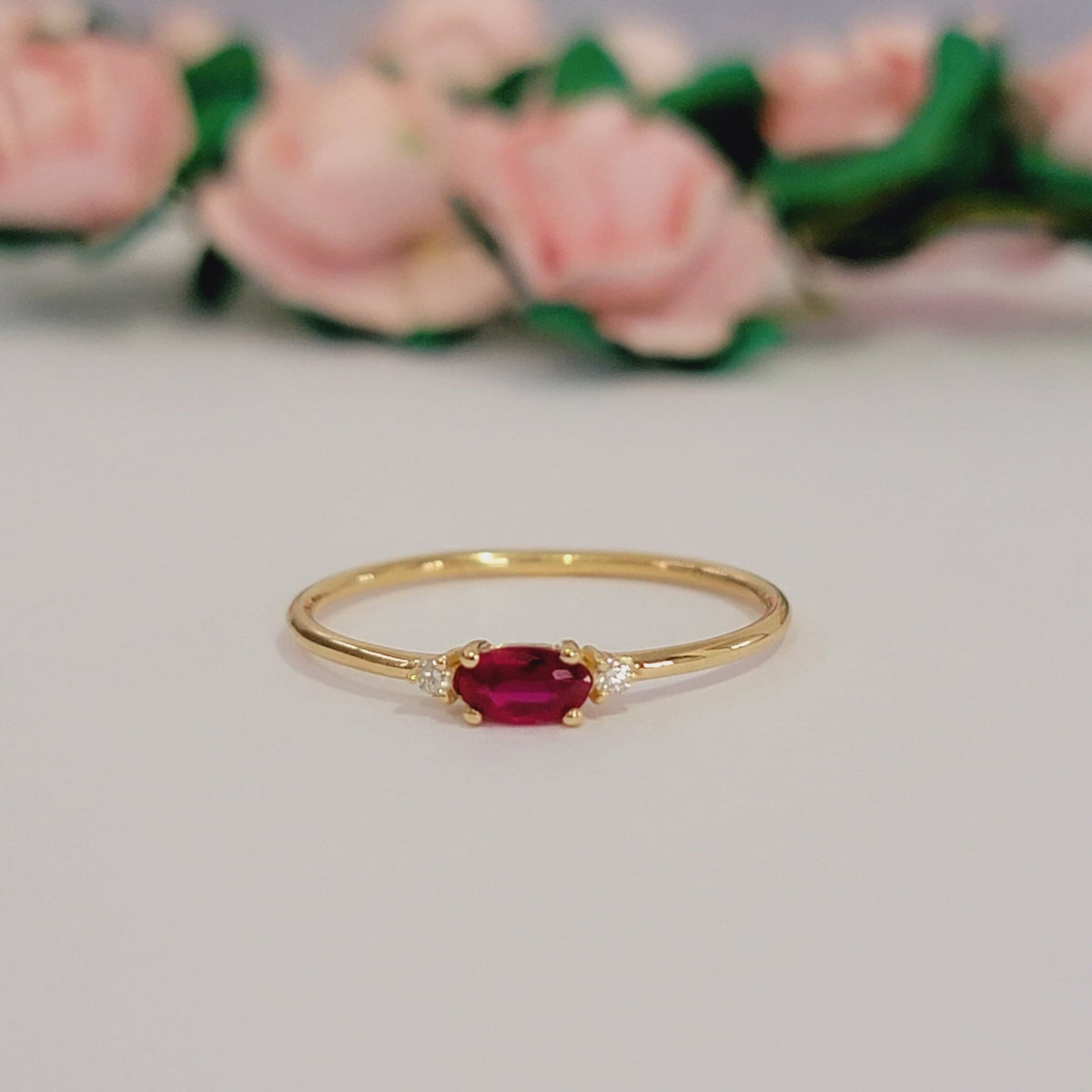 14k Solid Gold Ruby Ring, Three Stone Vintage Band, Mined Diamond Engagement Ring, Oval Gem Art Deco Ring, Solid Gold Diamond ring