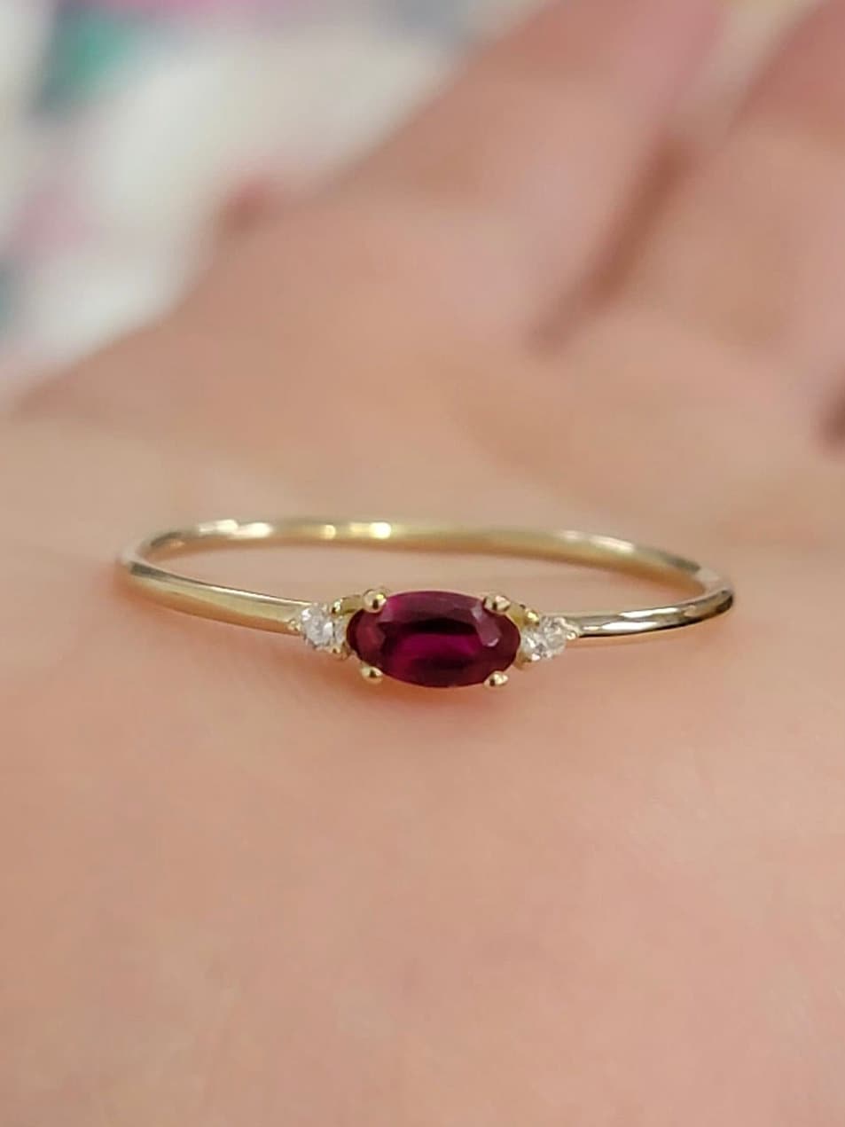 14k Solid Gold Ruby Ring, Three Stone Vintage Band, Mined Diamond Engagement Ring, Oval Gem Art Deco Ring, Solid Gold Diamond ring