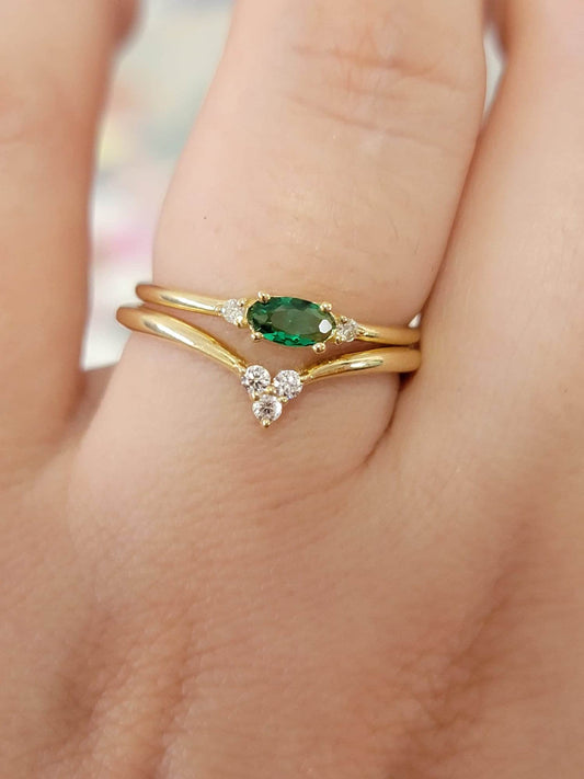 Emerald Ring, Oval Emerald With Diamond Ring, 14k Gold Ring, Stacking Emerald Band, Emerald Jewelry, May Birthstone Ring for Women Mom, Rose