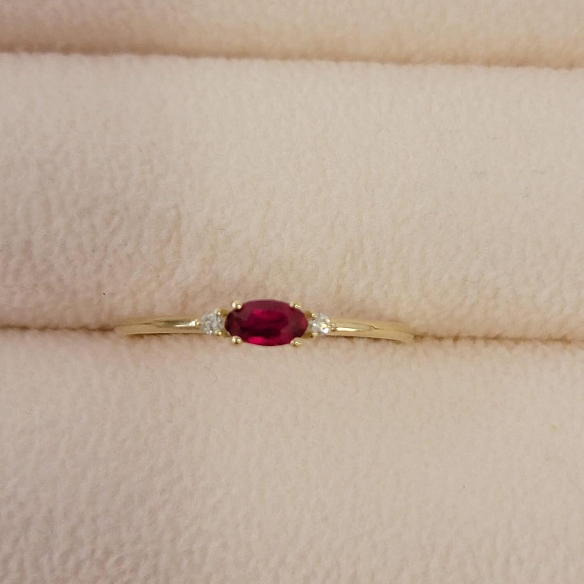 14k Solid Gold Ruby Ring, Three Stone Vintage Band, Mined Diamond Engagement Ring, Oval Gem Art Deco Ring, Solid Gold Diamond ring