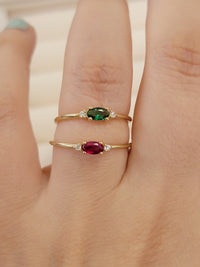 14k Solid Gold Ruby Ring, Three Stone Vintage Band, Mined Diamond Engagement Ring, Oval Gem Art Deco Ring, Solid Gold Diamond ring