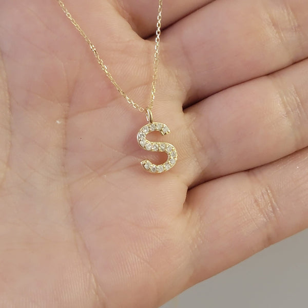 14k Gold Diamond Initial Necklace, Diamond Letter Necklace,  Dainty Initial Diamond Necklace,  Initial Charm, Letter Pendant, 14k White Gold