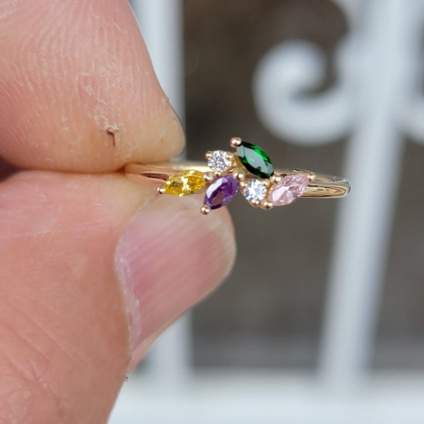 Birthstone Ring, 14k Gold Minimalist Gemstone Ring, Emerald, Amethyst, Topaz, Cluster Ring, Personalized Gift, Jewelry Gifts, 14k White Gold