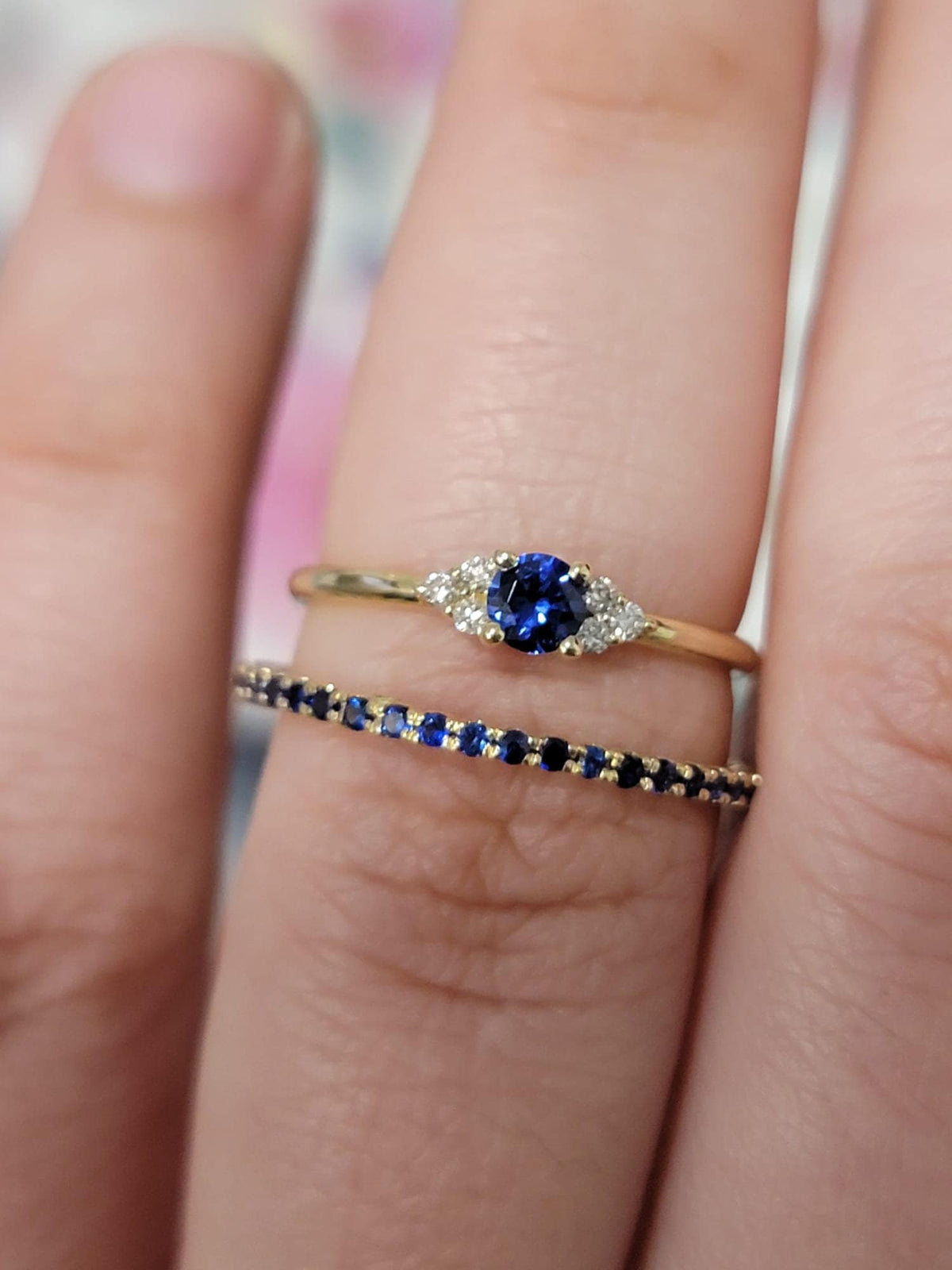 14k Gold Sapphire Ring, Eternity Blue Sapphire Wedding Ring, Stackable Natural Genuine Sapphire Ring, September Birthstone Ring, White, Rose