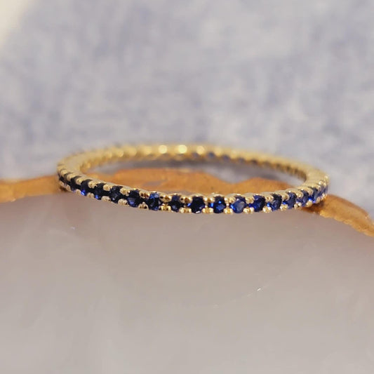 14k Gold Sapphire Ring, Eternity Blue Sapphire Wedding Ring, Stackable Natural Genuine Sapphire Ring, September Birthstone Ring, White, Rose