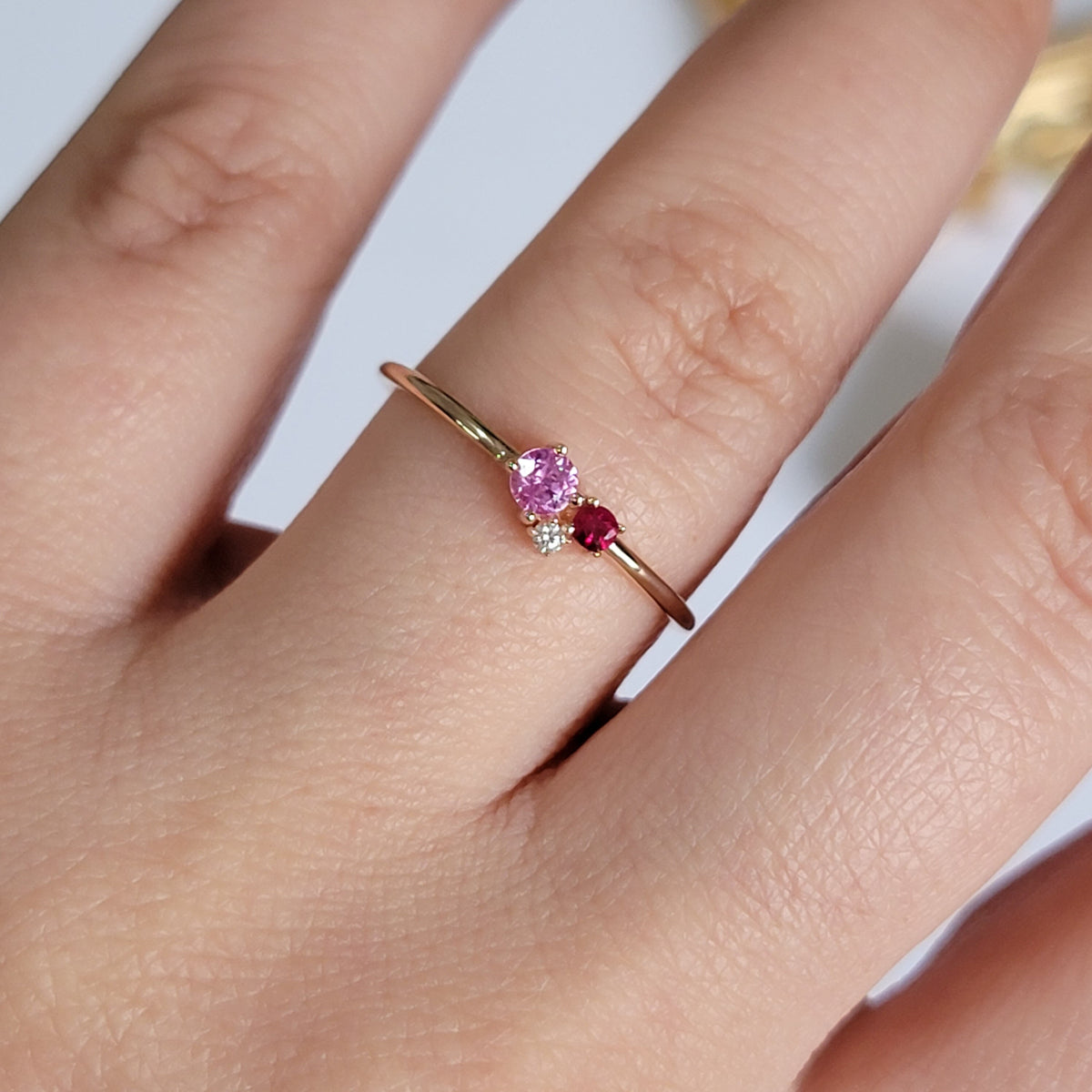 Pink Sapphire Cluster Ring, 14k Gemstone ring, Multi stone ring, 14k Solid Gold Pink Sapphire And Diamond Ring, Dainty Ring, Pink Ring