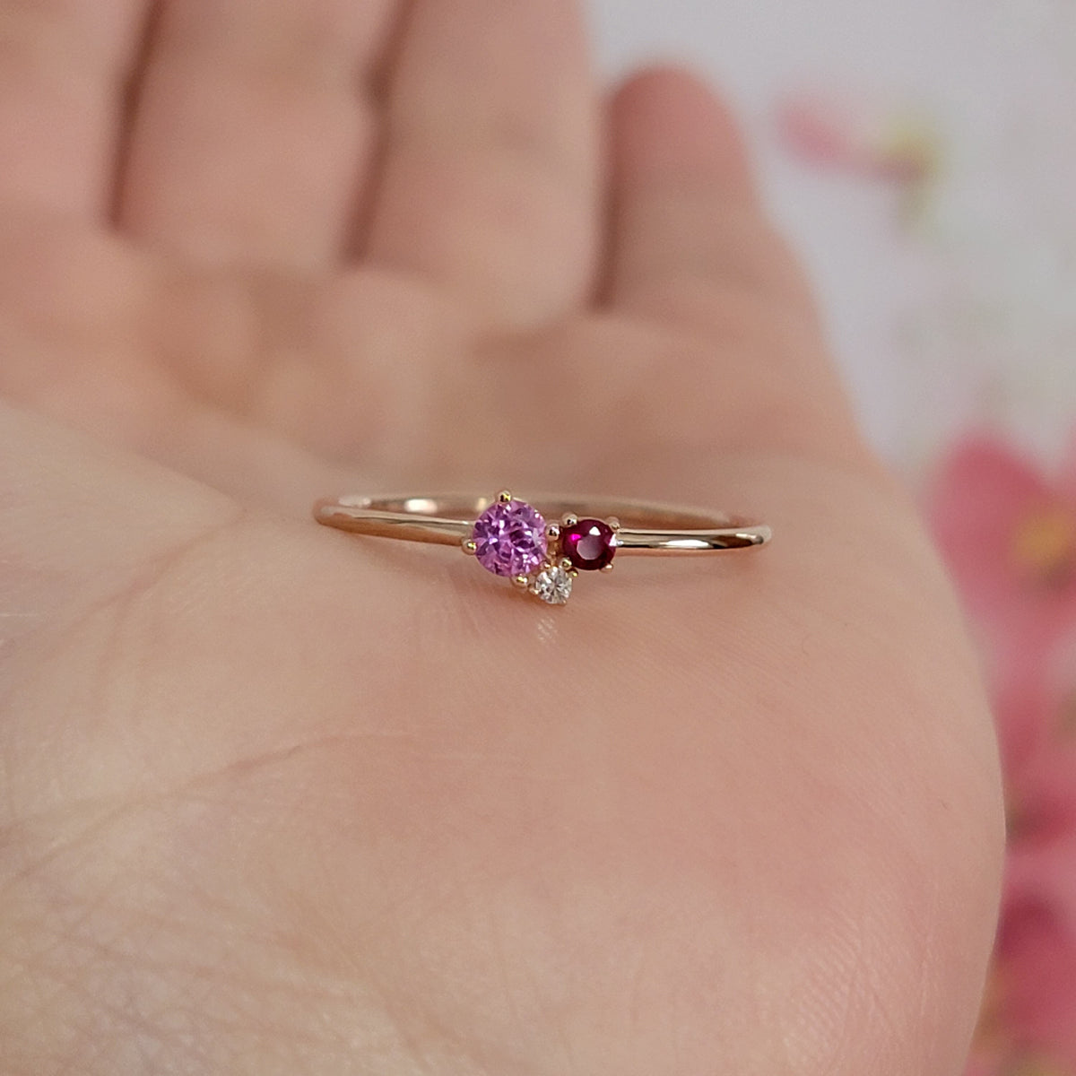 Pink Sapphire Cluster Ring, 14k Gemstone ring, Multi stone ring, 14k Solid Gold Pink Sapphire And Diamond Ring, Dainty Ring, Pink Ring