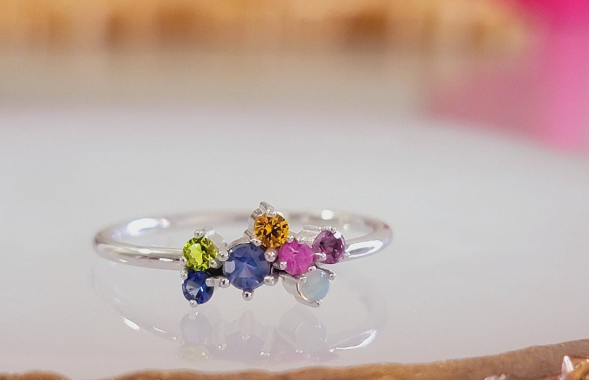 14k Gold Cluster Gemstone ring, Multi Gemstone Ring, Birthstone Jewelry,   Handmade Unique Multi Gemstone Ring,  multi stone ring, 14k white