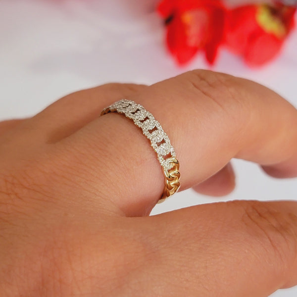 14k Gold Pave Diamond Cuban Chain Ring