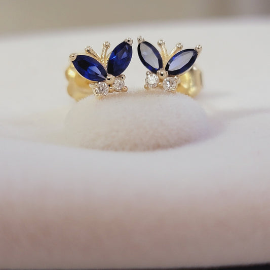 14k Solid Gold Sapphire Earrings, Diamond Minimalist Studs, Diamond Butterfly Studs, Personalized Gift