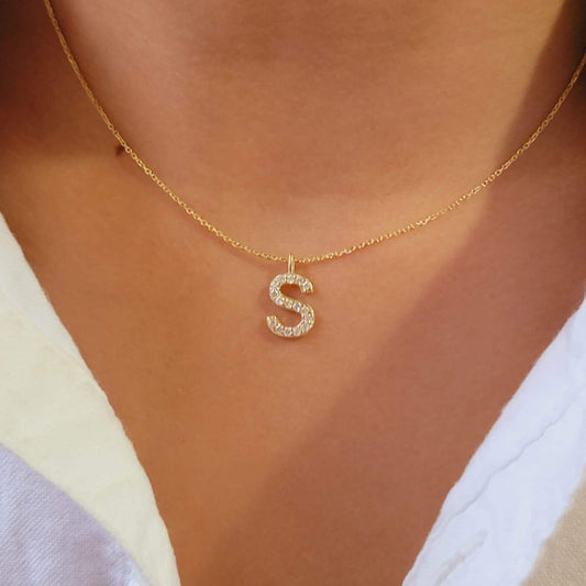 14k Gold Diamond Initial Necklace, Diamond Letter Necklace,  Dainty Initial Diamond Necklace,  Initial Charm, Letter Pendant, 14k White Gold