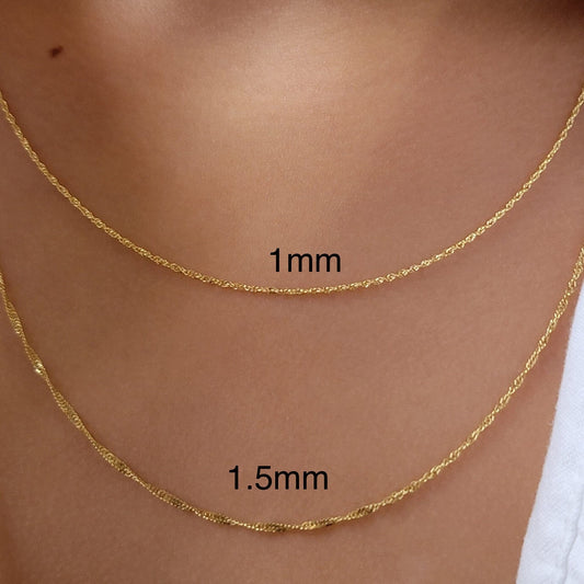 14K Solid Gold Diamond Cut Singapore Chain, Twist Gold Necklace Chain, 1mm 1.5mm,  Solid Gold Women Necklace, Gold Chain Necklace, 14k White