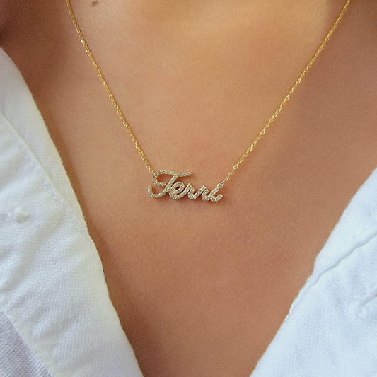 Diamond Name Necklace, 14k Personalized Dainty Script Name Necklace, Personalized Diamond Letter Necklace, Lowercase Name Necklace, Gift