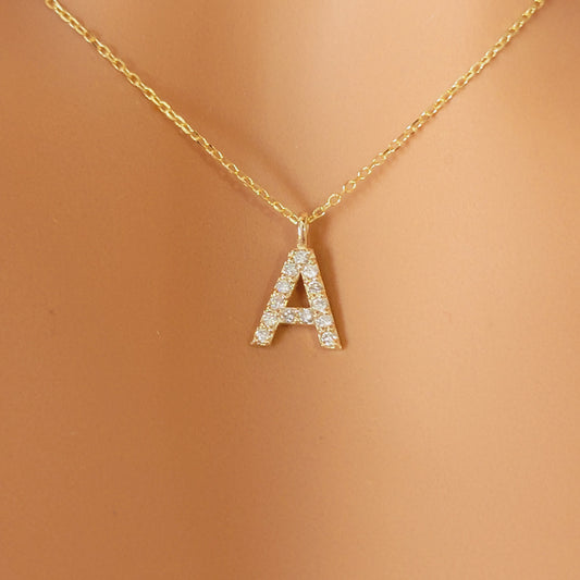 14k Gold Diamond Initial Necklace, Single Initial Diamond Necklace, Personalized Gift Diamond Letter Necklace, Dainty Initial Necklace