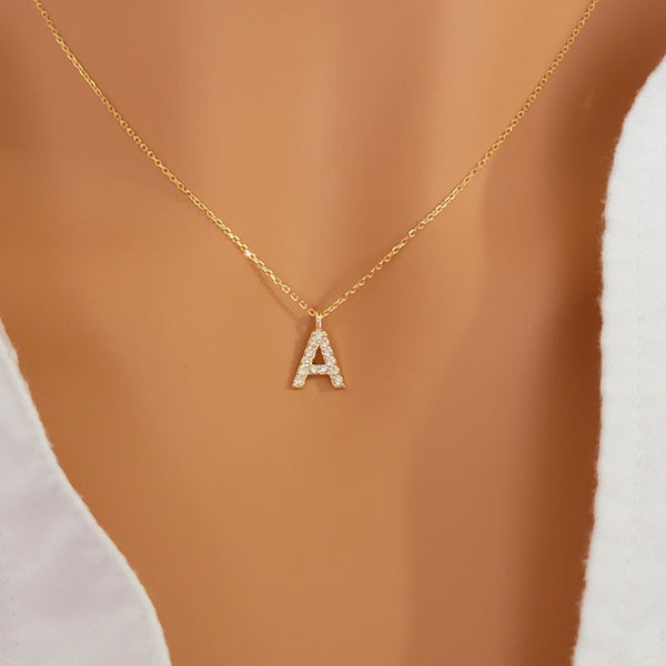 14k Gold Diamond Initial Necklace, Single Initial Diamond Necklace, Personalized Gift Diamond Letter Necklace, Dainty Initial Necklace