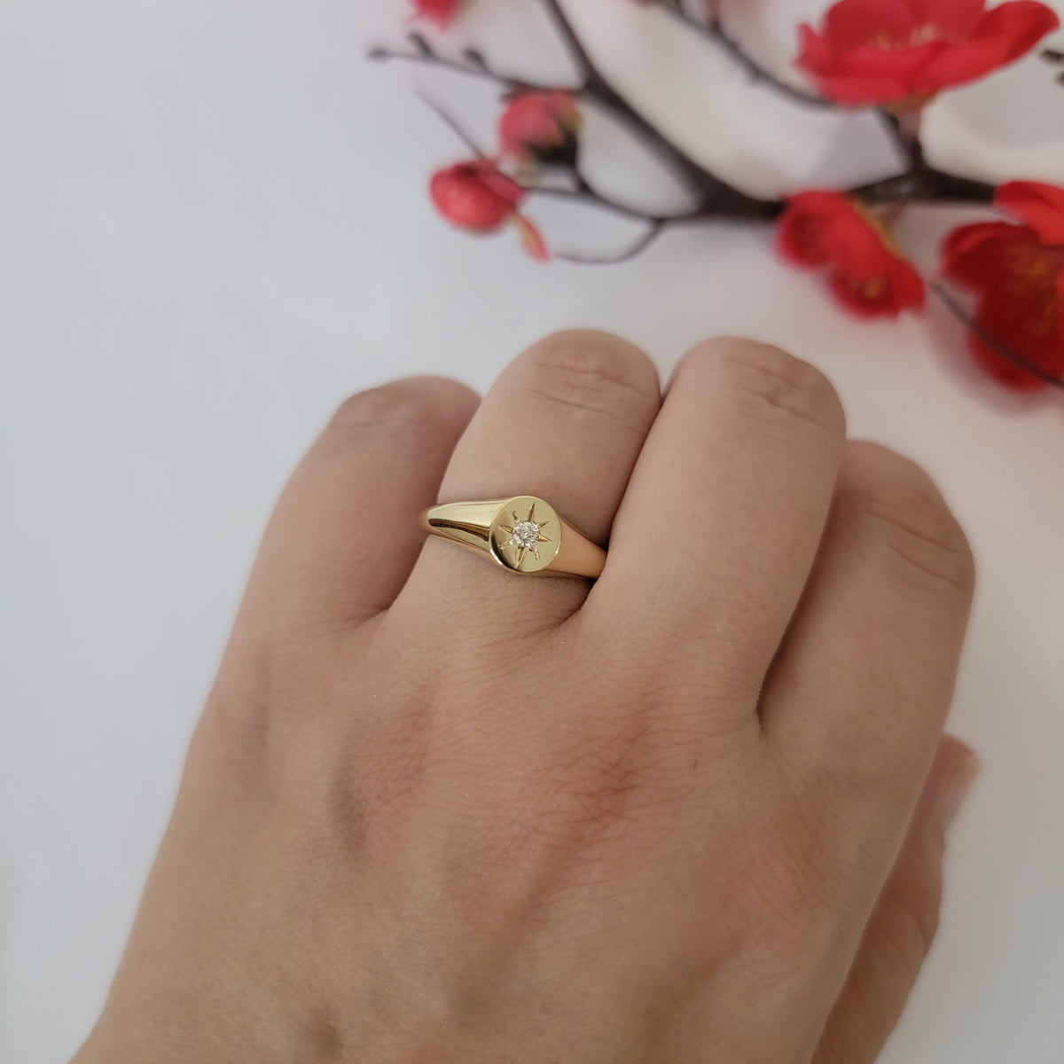 14K Yellow Gold Starburst Signet Ring