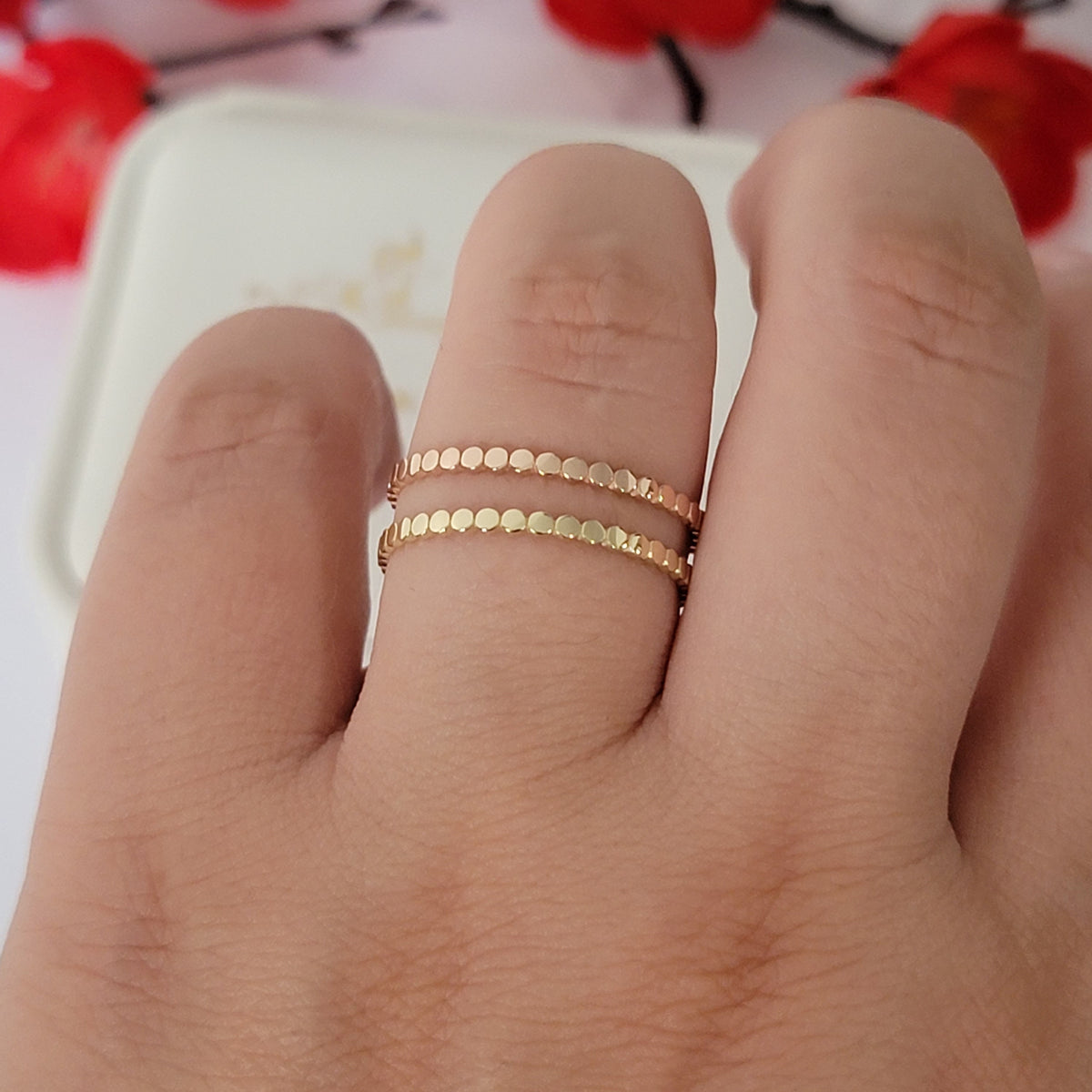 14K Gold Ring, Delicate Everyday Jewelry, Solid Gold Flat Bead Ring, Minimalist Gold Ring, 1.5mm Band, Ball Stacking Ring, 14k Rose, White