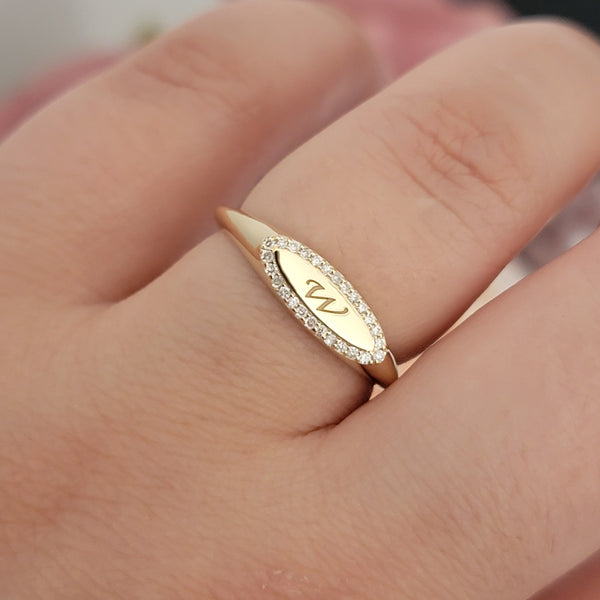 14k Diamond Oval  Signet Ring