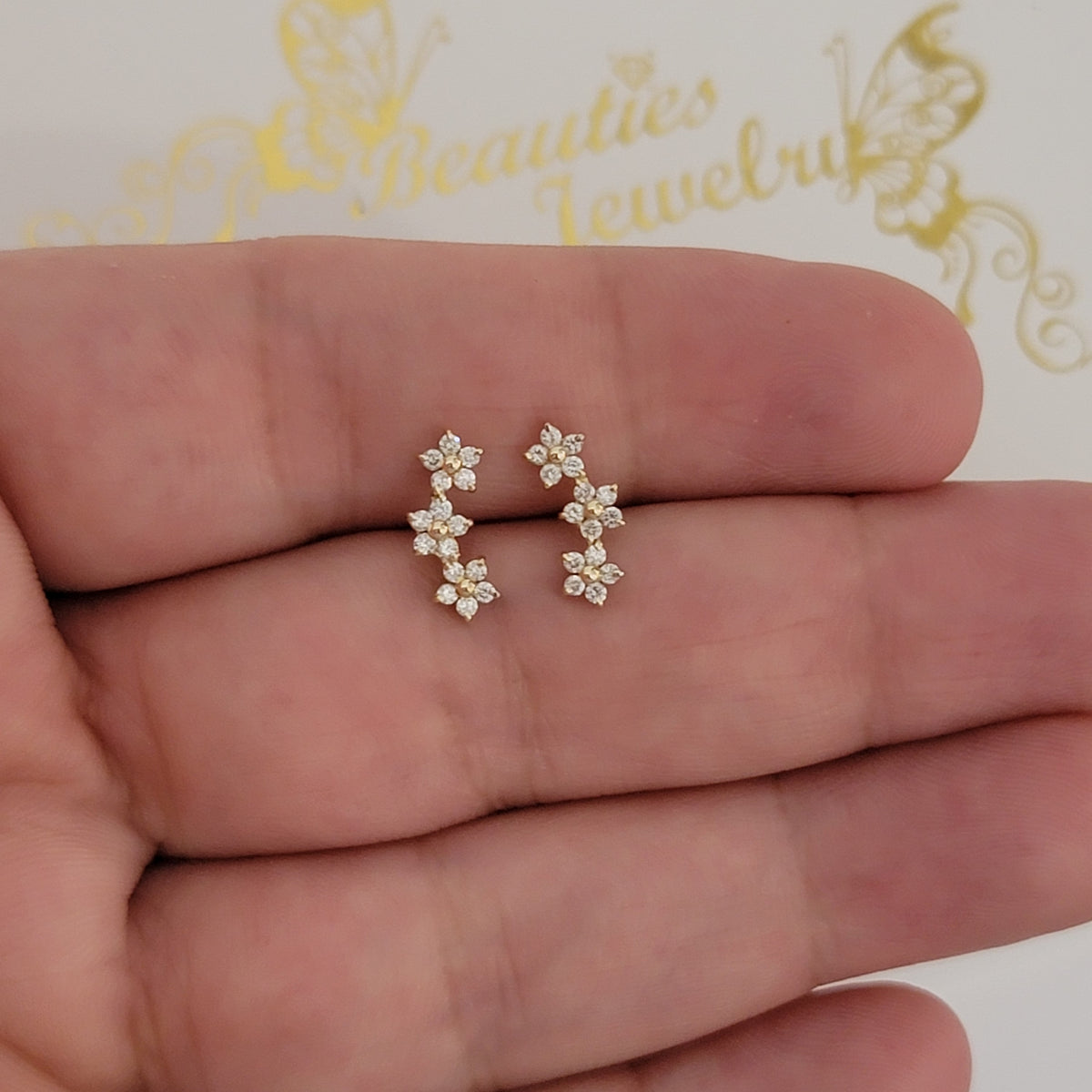 Diamond Earrings, Diamond Stud Earrings, Curved Diamond Flower Cluster Climber, Diamond Flower Earring for Women, 14k Yellow, White,  Rose