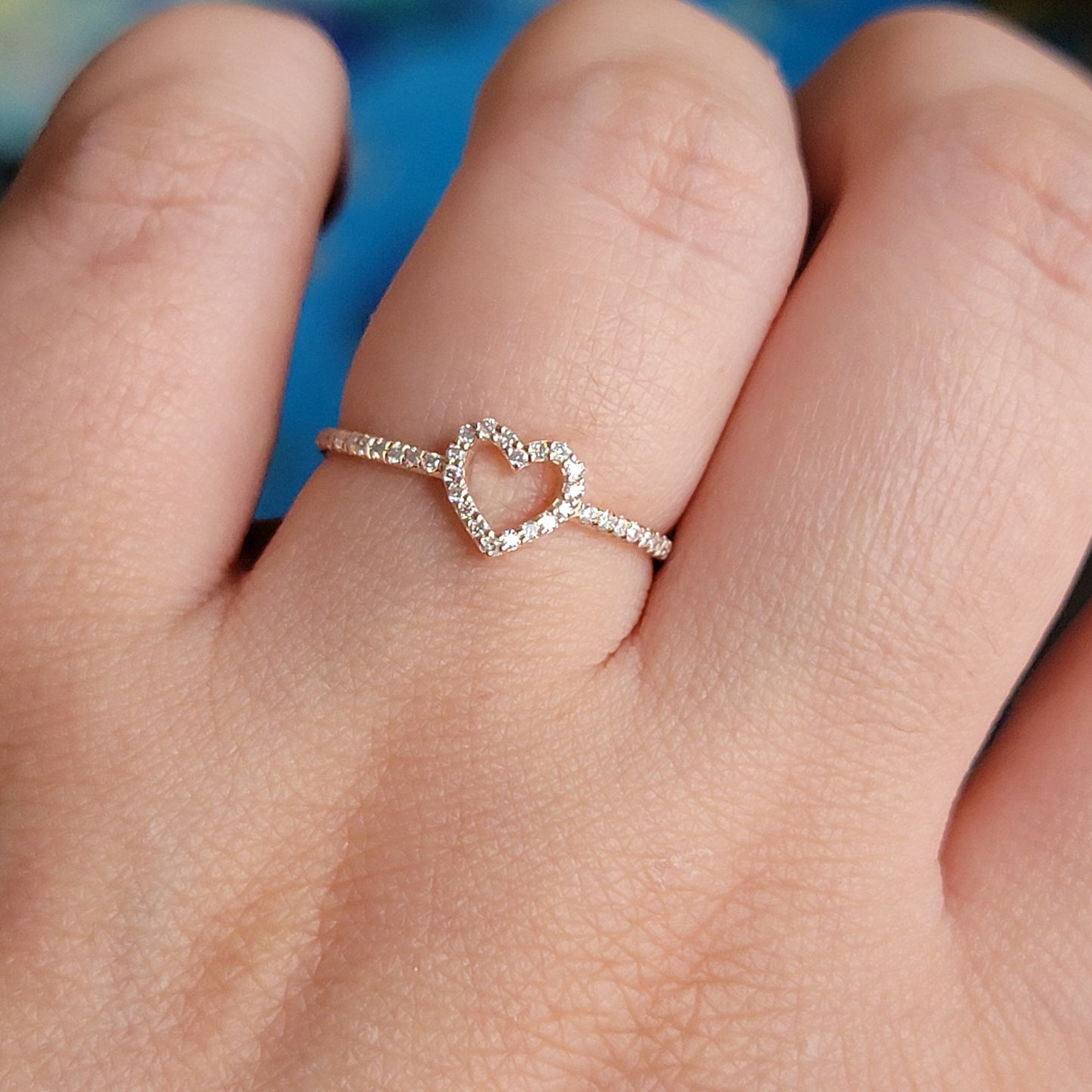 14Kt Gold Diamond Open Heart Ring, 0.18CTW White Diamonds, Dainty Heart Ring, Micro Pave Diamond Ring, 14k Bridal Gift, Yellow, White, Rose