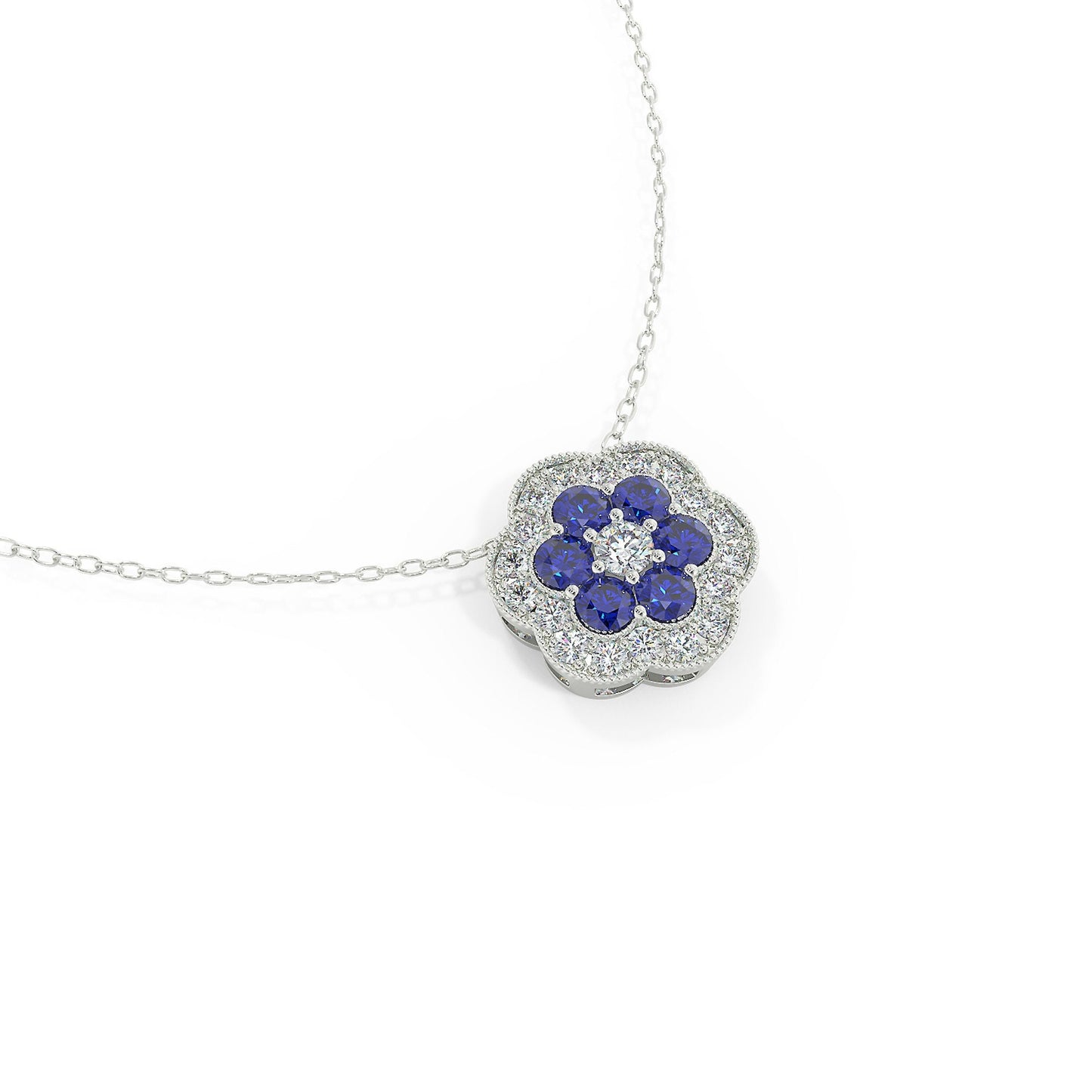 White Gold Necklace, Diamond Necklace, Blue Sapphire Necklace,  White gold Pendant, Flower Necklace, Diamond Flower Pendant, Dainty necklace