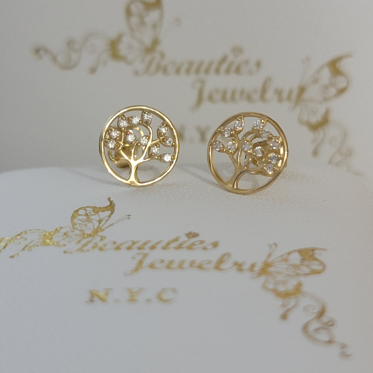 Tree of Life Diamond Stud Earrings, Tree Studs, 14k Solid Gold Earrings, Tree Earrings, Nature Earrings, Diamond Studs, Real Gold Studs