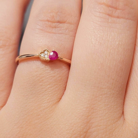 Heart Ring, Ruby Ring, Diamond Ring, Ruby Promise Ring, Cluster Ring, Pear Shape Ring, Birthstone Ring, 14k Gold Ring, personalized gift