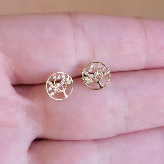 Tree of Life Diamond Stud Earrings, Tree Studs, 14k Solid Gold Earrings, Tree Earrings, Nature Earrings, Diamond Studs, Real Gold Studs