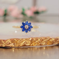 Diamond Halo Cluster Ring in 14k Gold /  Blue Sapphire Cluster Ring Engagement / Diamond Floral Accent Ring / Vintage Sapphire Ring