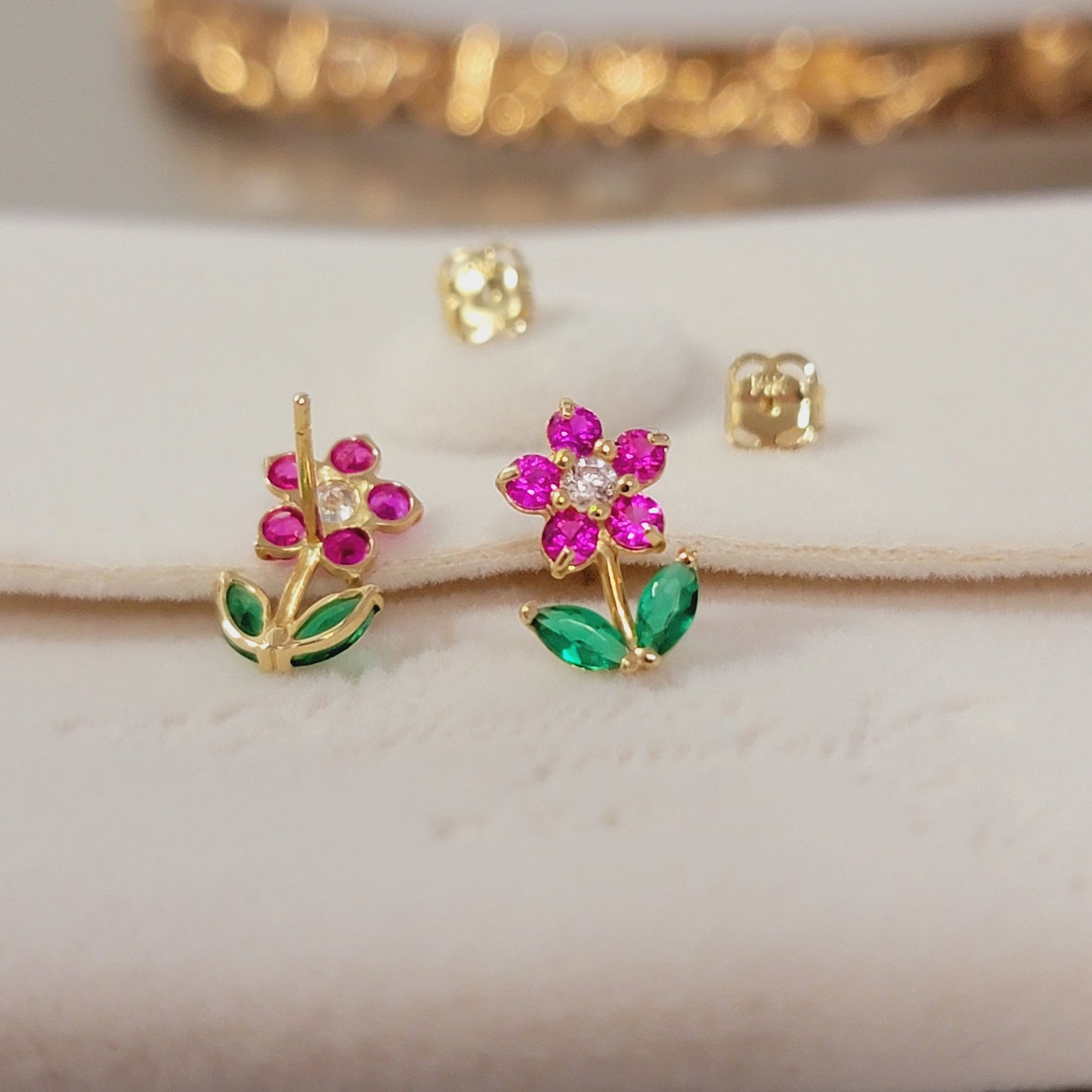 14K Gold Ruby and Diamond Flower Stud Earrings