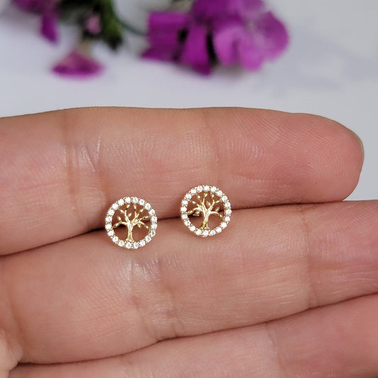 Tree of Life Earrings in 14k Solid Gold, Diamond Tree Earrings, Minimalist Earrings, Dainty Studs, Nature Earrings, Family Tree Earrings