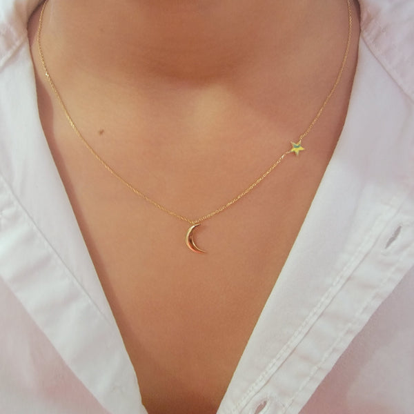 14k Gold Moon Star Necklace